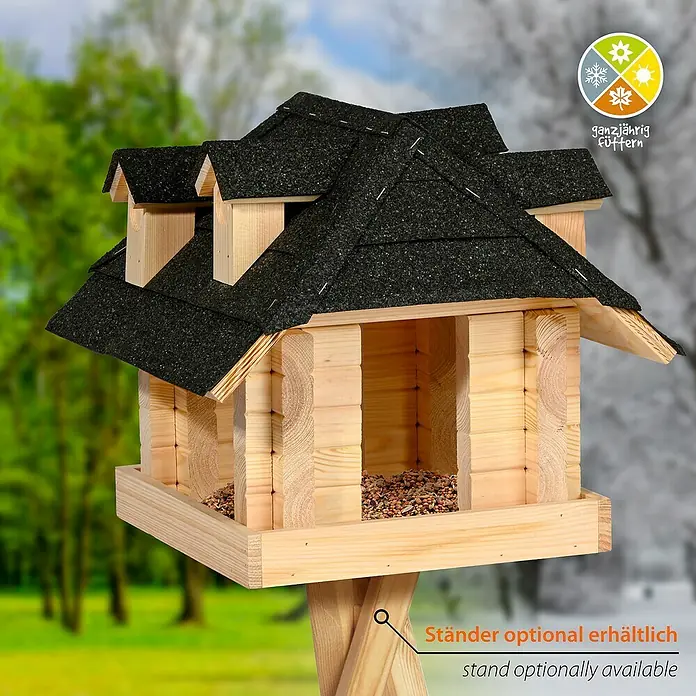 Dobar Vogelhaus Nero - Holz, Natur/Schwarz - Vogelhaus aus Holz mit schwarzem Dach, ganzjährig füttern möglich, optional mit Ständer erhältlich.