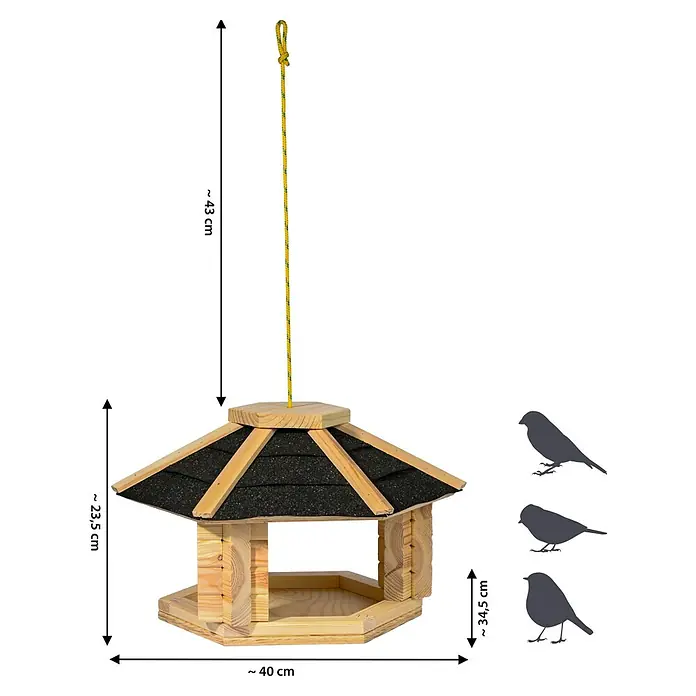 Dobar Vogelhaus Zwart - Holz, Natur/Schwarz - Bild einer hölzernen Vogeltränke mit einem schwarzen Dach und einem gelben Seil zum Aufhängen.