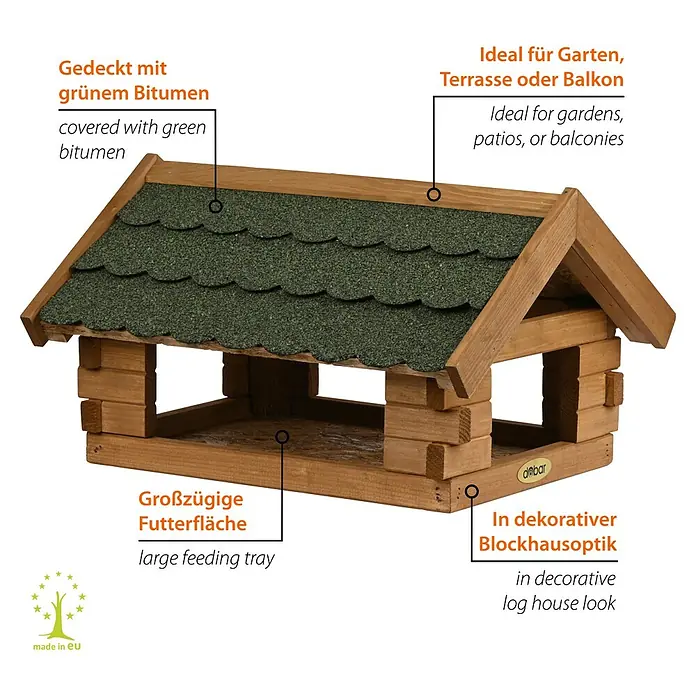 Dobar Vogelhaus Blockhaus - Holz, Grün, Rechteckig - Hölzernes Vogelhaus mit grünem Dach und offener Futterstelle für den Garten oder die Terrasse. Ideal für Wildvögel.