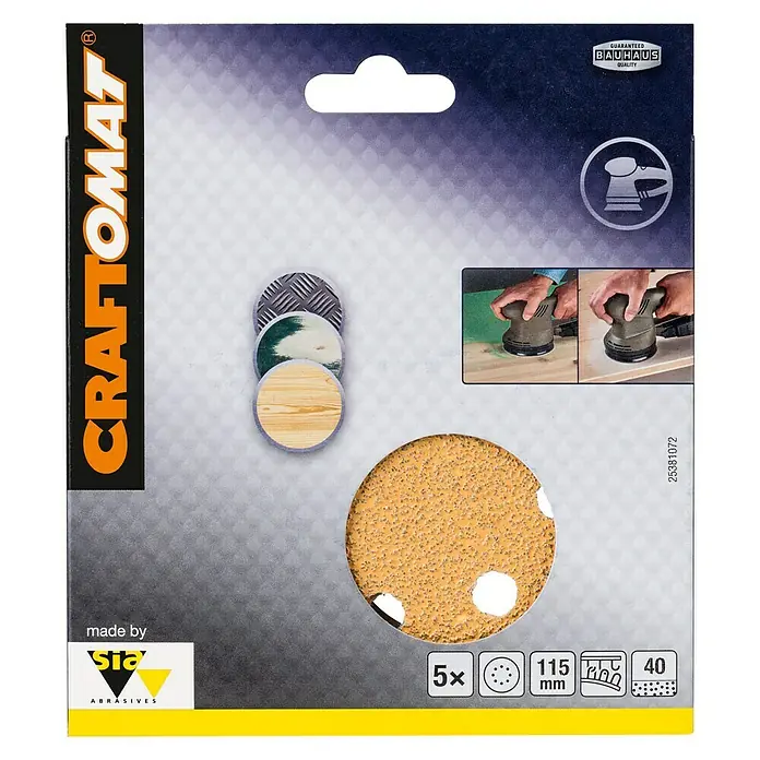 Craftomat Hoja de lija BFWP - Diámetro: 115 mm, Grano: 40, Perforado - Paquete de papel de lija CRAFTOMAT para lijadoras orbitales aleatorias, grano 40, diámetro 115mm, 5 unidades para madera, metal y pintura.