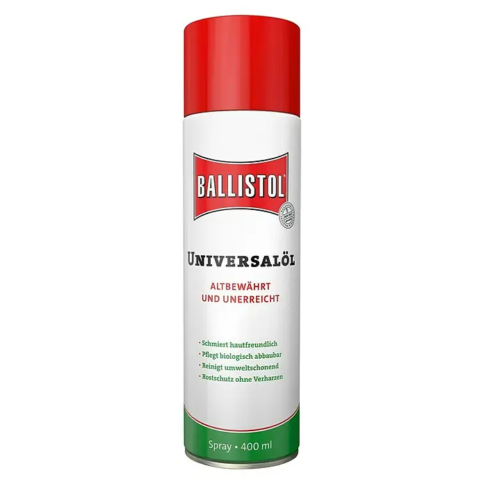 Ballistol Universalöl - 400 ml, Spray - Eine Dose Ballistol Universalöl Spray mit rotem Deckel und grüner Basis.