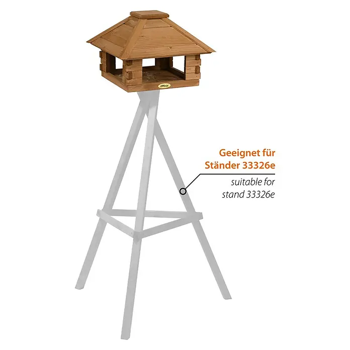 Dobar Vogelhaus Blockhaus - Holz, Braun, Viereckig - Freistehendes Vogelhaus aus Holz mit Pyramidendach, das auf einem weißen, mehrstufigen Ständer steht. Ideal für jeden Garten.
