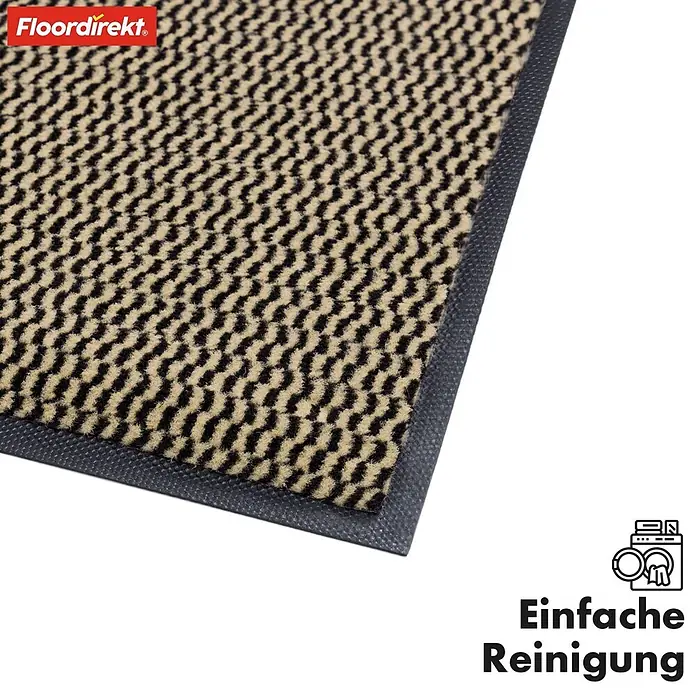 Fußmatte Sky Novo - Ocker, 120 x 80 cm, Material Nutzschicht: 100 % Polypropylen - Nahaufnahme einer Fußmatte in Beige und Schwarz mit dem Logo "floordirekt" und Hinweisen zur einfachen Reinigung.