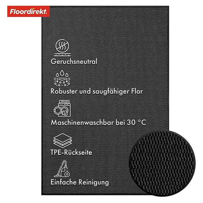 Fußmatte Sky Novo - Anthrazit, 120 x 80 cm, Material Nutzschicht: 100 % Polypropylen - Schwarze Fussmatte mit Hinweisen zu Geruchsneutralität, Saugfähigkeit, Waschbarkeit, TPE-Rückseite und einfacher Reinigung.