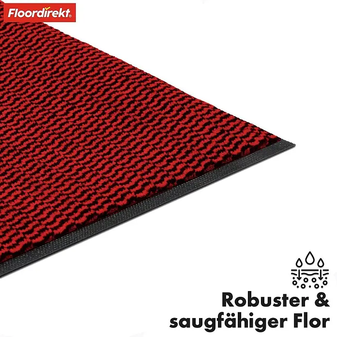 Fußmatte Sky Novo - Rot, 120 x 80 cm, Material Nutzschicht: 100 % Polypropylen - Abbildung einer roten, robusten und saugfähigen Fußmatte von Floordirekt mit schwarzem Muster und OEKO-TEX-Siegel.
