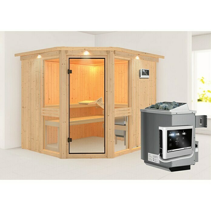 Karibu Elementsauna Amelia 3 (Mit 9 kW Ofen mit externer Steuerung, Mit Dachkranz und Beleuchtung, L x B x H: 245 x 210 x 192 cm)