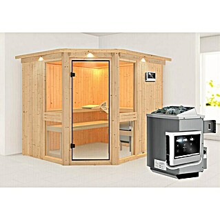 Karibu Elementsauna Amelia 3 (Mit 9 kW Ofen mit externer Steuerung, Mit Dachkranz und Beleuchtung, L x B x H: 245 x 210 x 192 cm)