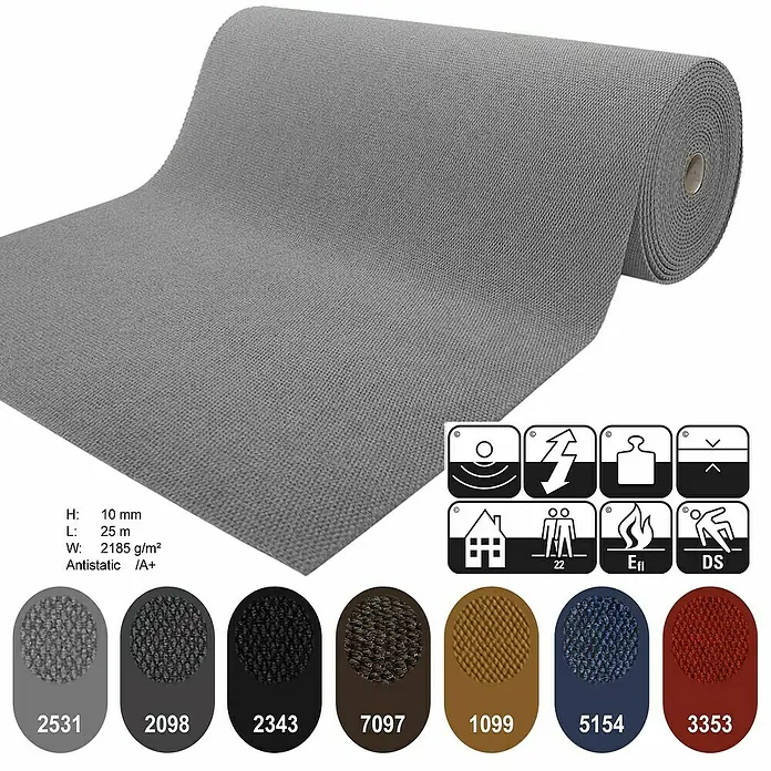 Schmutzfangmatte Hong Kong - Grau, 1.100 x 200 cm, 100 % Polypropylen - Abgebildete graue Teppichrolle mit technischen Daten und Farbmustern für eine einfache Auswahl.