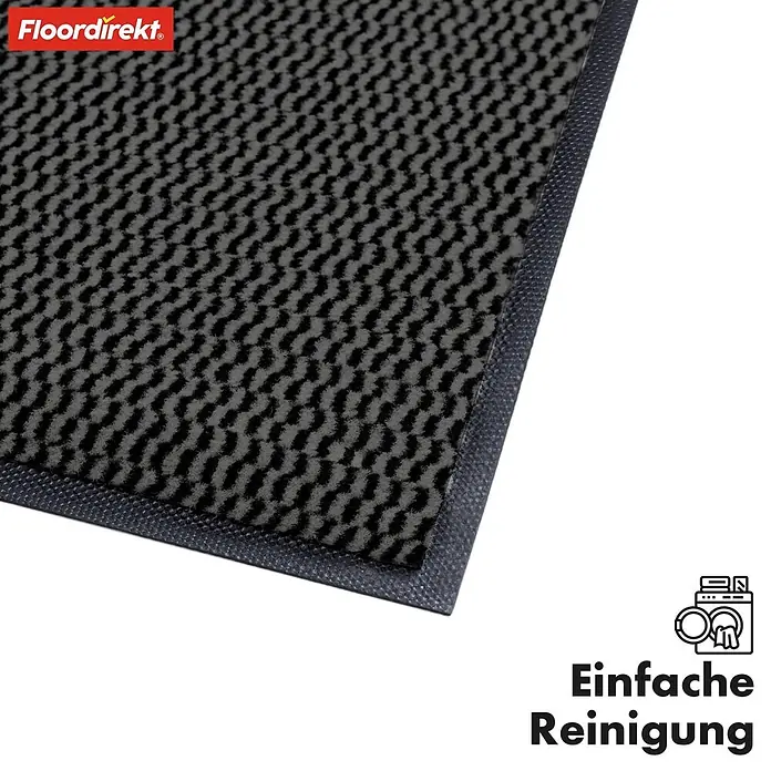 Fußmatte Sky Novo - Anthrazit, 120 x 80 cm, Material Nutzschicht: 100 % Polypropylen - Eine Fußmatte in Grau und Schwarz mit dem Logo von Floordirekt und Symbolen für einfache Reinigung und Öko-Tex-Zertifizierung.