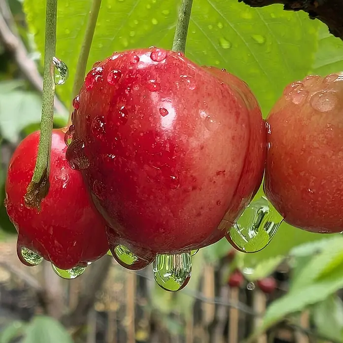 Süßkirschbaum - Prunus avium ‘Büttners’, Erntezeit: Juni - Nahaufnahme von Kirschen mit Wassertropfen. Frische, rote Kirschen hängen an Ästen und sind mit klaren Wassertropfen bedeckt.