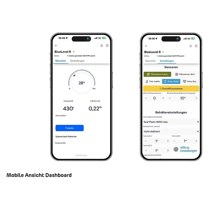 4rain Füllstandsmessgerät Bluelevel R - Passend für: 4rain Regenwassertanks - Mobile Dashboard-Ansicht mit Füllstandsanzeige (28%) und Einstellungsoptionen für Sensoren und Behälter.