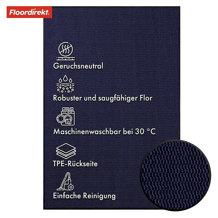 Fußmatte Sky Novo - Blau, 120 x 80 cm, Material Nutzschicht: 100 % Polypropylen - Das Bild zeigt eine dunkelblaue Fußmatte mit verschiedenen Symbolen, die ihre Eigenschaften hervorheben.