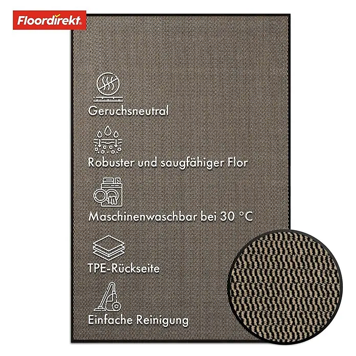 Fußmatte Sky Novo - Ocker, 120 x 80 cm, Material Nutzschicht: 100 % Polypropylen - Schmutzfangmatte in Braun mit Hinweisen zu Produkteigenschaften wie Geruchsneutralität und Maschinenwaschbarkeit.