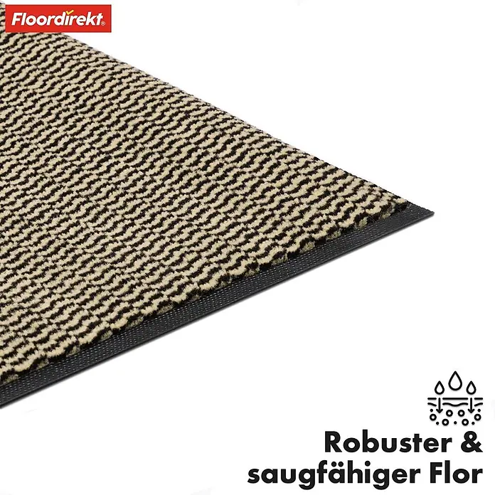 Fußmatte Sky Novo - Ocker, 120 x 80 cm, Material Nutzschicht: 100 % Polypropylen - Detailansicht einer Fußmatte mit beigem und braunem Muster und schwarzem Rand. Robust und saugfähig für den Innenbereich.