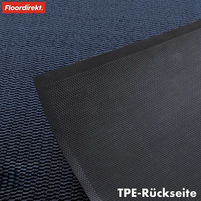 Fußmatte Sky Novo - Blau, 120 x 80 cm, Material Nutzschicht: 100 % Polypropylen - Bild einer Fußmatte mit TPE-Rückseite und OEKO-TEX® Zertifizierung. Der Boden ist blau gemustert, das Logo von Floordirekt ist zu sehen.