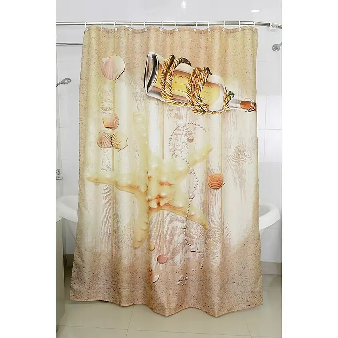 Venus Duschvorhang Sealife - B x H: 180 x 200 cm, Textil, Beige - Ein Duschvorhang mit Strandmotiven wie Seestern, Muscheln und einer Flaschenpost, der eine maritime Atmosphäre ins Badezimmer bringt.