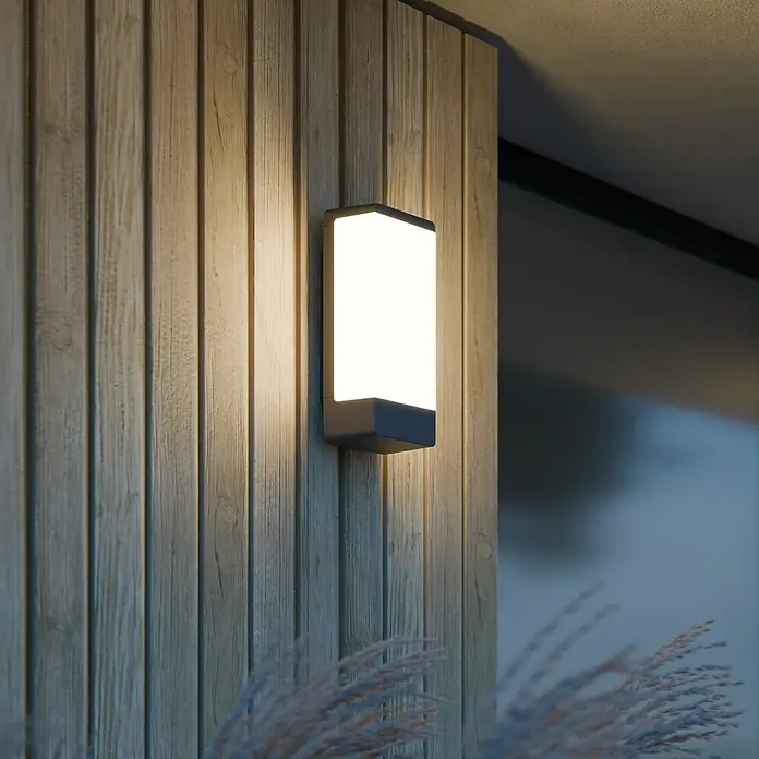 Steinel Außenwandleuchte L 14 - 9,5 x 7 x 27 cm, Anthrazit, IP44, Ohne Bewegungsmelder - Moderne Außenwandleuchte mit rechteckigem Design, die warmes Licht spendet und die Fassade elegant beleuchtet.