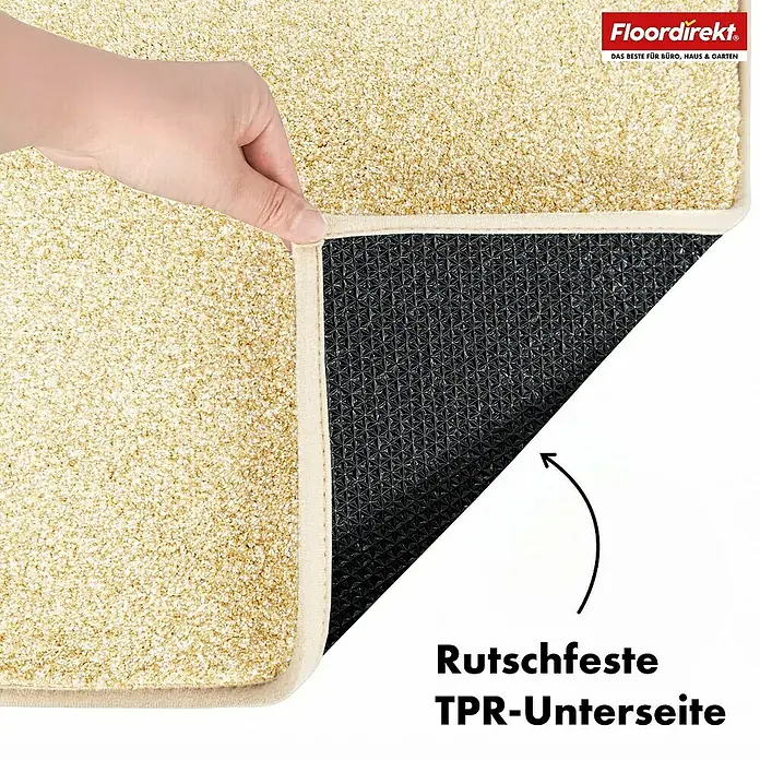 Schmutzfangmatte Nasa - 80 x 50 cm, Beige, Material Nutzschicht: 100 % Polyester - Produktabbildung einer rutschfesten Teppichunterseite mit der Aufschrift "Rutschfeste TPR-Unterseite".
