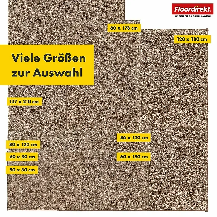 Badteppich Nasa - 80 x 120 cm, Braun, 100% Polyester - Abbildung verschiedener Teppichgrößen der Marke Floordirekt, ideal für Büro, Haus und Garten.