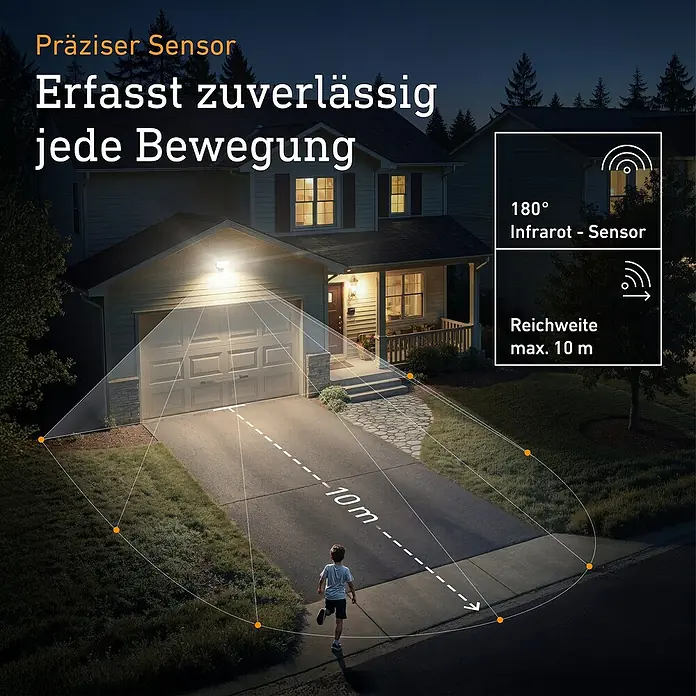 Steinel LED-Sensor-Außenwandleuchte XLED Protect S - 14,3 W, Anthrazit, Warmweiß - Darstellung eines Bewegungssensors mit großer Reichweite und Erfassung, ideal für die Sicherheit rund ums Haus.