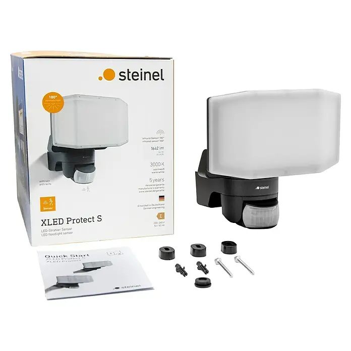 Steinel LED-Sensor-Außenwandleuchte XLED Protect S - 14,3 W, Anthrazit, Warmweiß - Abbildung eines Steinel XLED Protect S LED-Flutlichtstrahlers mit Sensor, ideal für die Außenbeleuchtung mit Bewegungserkennung.