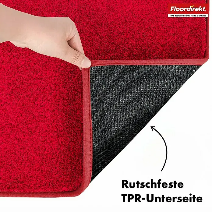 Schmutzfangmatte Nasa - 120 x 80 cm, Rot, Material Nutzschicht: 100 % Polyester - Detailaufnahme einer roten Fußmatte von Floordirekt, die eine rutschfeste TPR-Unterseite zeigt. Ideal für Büro, Haus und Garten.