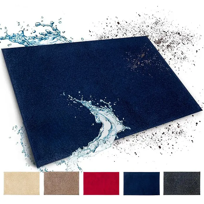 Schmutzfangmatte Nasa - 120 x 80 cm, Dunkelblau, Material Nutzschicht: 100 % Polyester - Ein marineblauer Fussabtreter mit Wasser- und Schmutzeffekten, der die Saugfähigkeit demonstriert, sowie weitere Farboptionen.