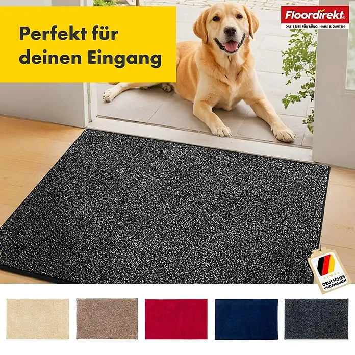 Schmutzfangmatte Nasa - 120 x 80 cm, Anthrazit, Material Nutzschicht: 100 % Polyester - Fußmatte in Anthrazit mit gelbem Banner, Hund, Oeko-Tex-Siegel und deutscher Flagge. Die Fußmatte ist ideal für den Eingangsbereich.