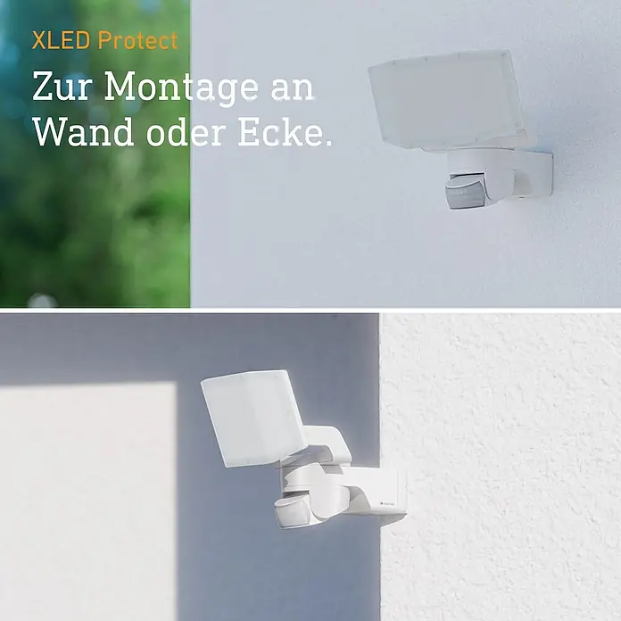 Steinel LED-Sensor-Außenwandleuchte XLED Protect S - 14,3 W, Weiß, Warmweiß - Nahaufnahme einer XLED Protect Außenleuchte zur Wand- oder Eckmontage, die Sicherheit und Stil vereint.
