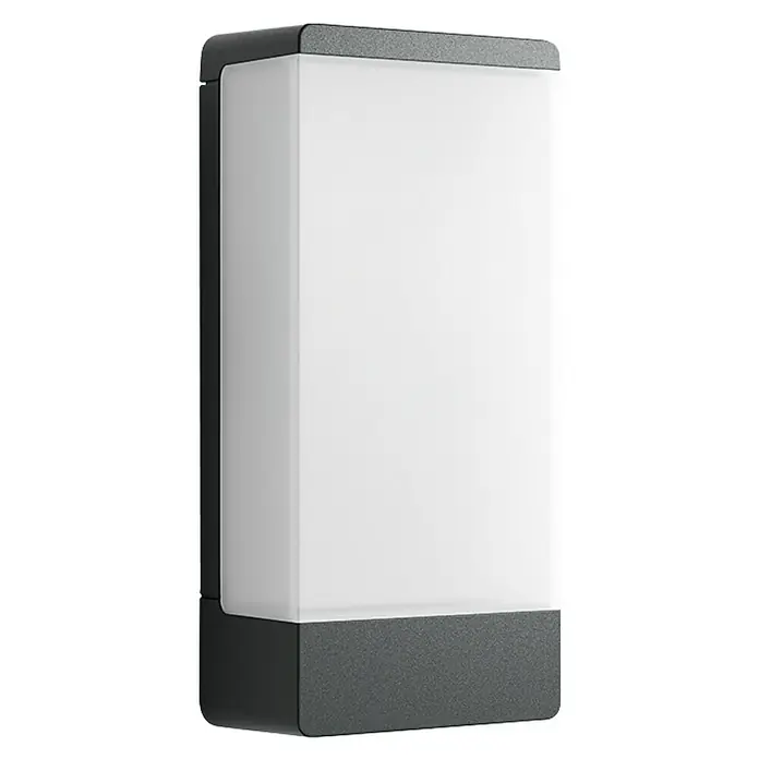 Steinel Außenwandleuchte L 14 - 9,5 x 7 x 27 cm, Anthrazit, IP44, Ohne Bewegungsmelder - Nahaufnahme einer rechteckigen Außenleuchte mit grauem Gehäuse und einem großen, rechteckigen, weißen Lampenschirm.