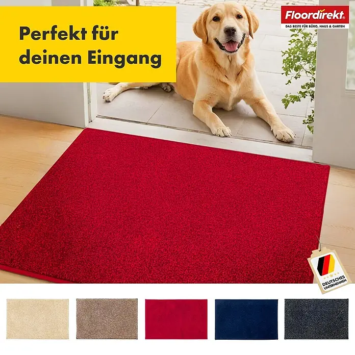 Schmutzfangmatte Nasa - 120 x 80 cm, Rot, Material Nutzschicht: 100 % Polyester - Roter Fußabtreter „Floordirekt“ vor einer Tür mit einem Hund. Erhältlich in verschiedenen Farben, perfekt für den Eingangsbereich.