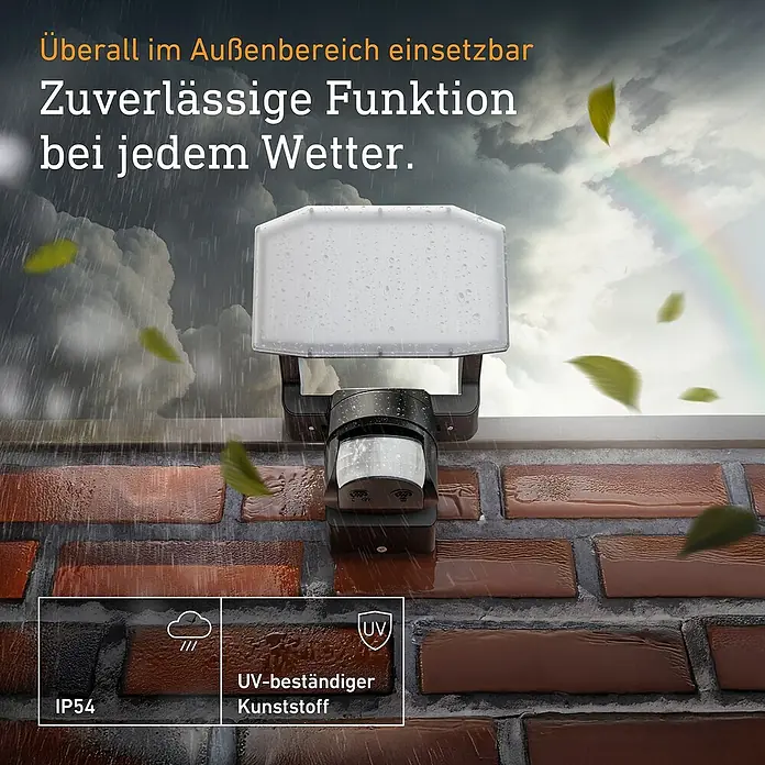 Steinel LED-Sensor-Außenwandleuchte XLED Protect S - 14,3 W, Anthrazit, Warmweiß - Das Bild zeigt einen Bewegungsmelder für den Außenbereich mit UV-beständigem Kunststoff und Schutzart IP54, der für jedes Wetter geeignet ist.
