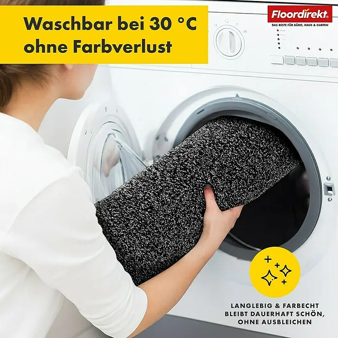 Badteppich Nasa - 60 x 90 cm, Anthrazit, 100% Polyester - Waschbare Fußmatte in Schwarz und Weiß, die in eine Waschmaschine gelegt wird.