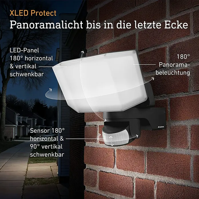 Steinel LED-Sensor-Außenwandleuchte XLED Protect S - 14,3 W, Anthrazit, Warmweiß - Abbildung einer XLED Protect Außenleuchte mit Bewegungssensor, die an einer Backsteinmauer befestigt ist und Panoramabeleuchtung bietet.