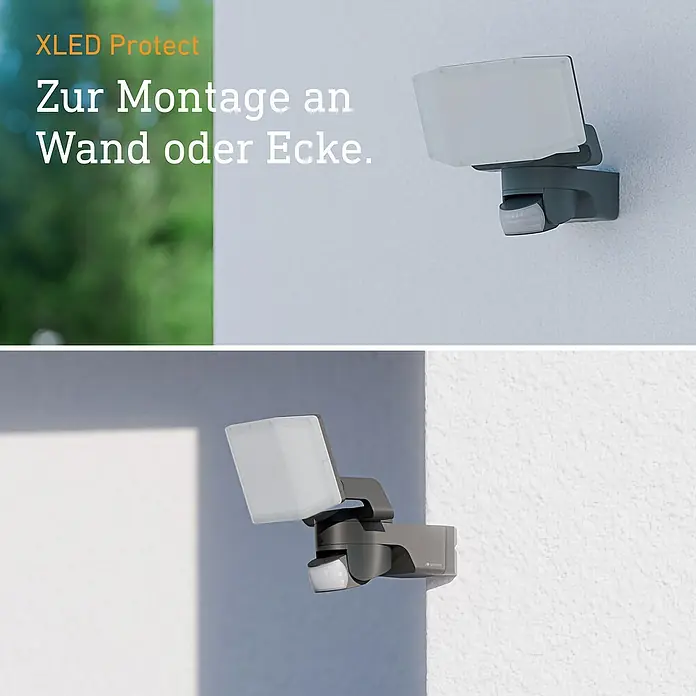Steinel LED-Sensor-Außenwandleuchte XLED Protect S - 14,3 W, Anthrazit, Warmweiß - Bild von XLED Protect zur Montage an Wand oder Ecke. Der LED-Strahler sorgt für Sicherheit rund ums Haus.