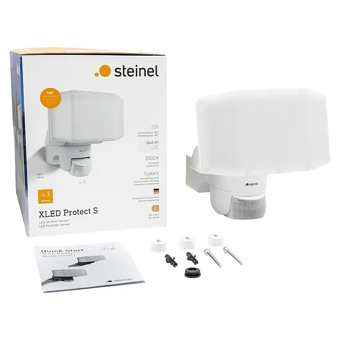 Steinel LED-Sensor-Außenwandleuchte XLED Protect S - 14,3 W, Weiß, Warmweiß - Abbildung eines Steinel XLED Protect S LED-Strahler mit Sensor, der für seine breite Ausleuchtung und einfache Installation bekannt ist.