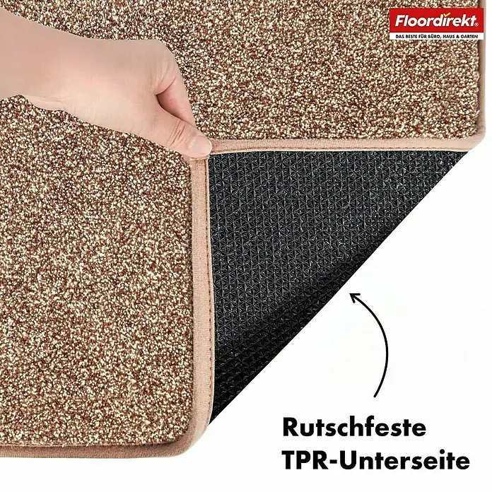 Schmutzfangmatte Nasa - 120 x 80 cm, Braun, Material Nutzschicht: 100 % Polyester - Nahaufnahme einer Fußmatte mit rutschfester TPR-Unterseite und beiger Oberfläche von Floordirekt.