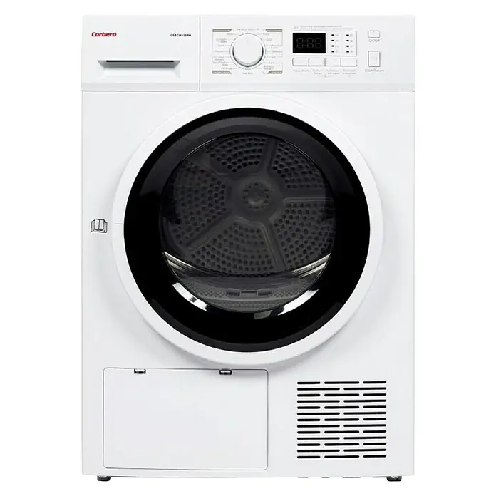 Corberó Secadora CSBCM105 - L x An x Al: 66 x 59,5 x 84,5 cm, Carga soportada: 10 kg - La imagen muestra una secadora Corberó blanca con un ojo de buey negro y un panel de control digital.