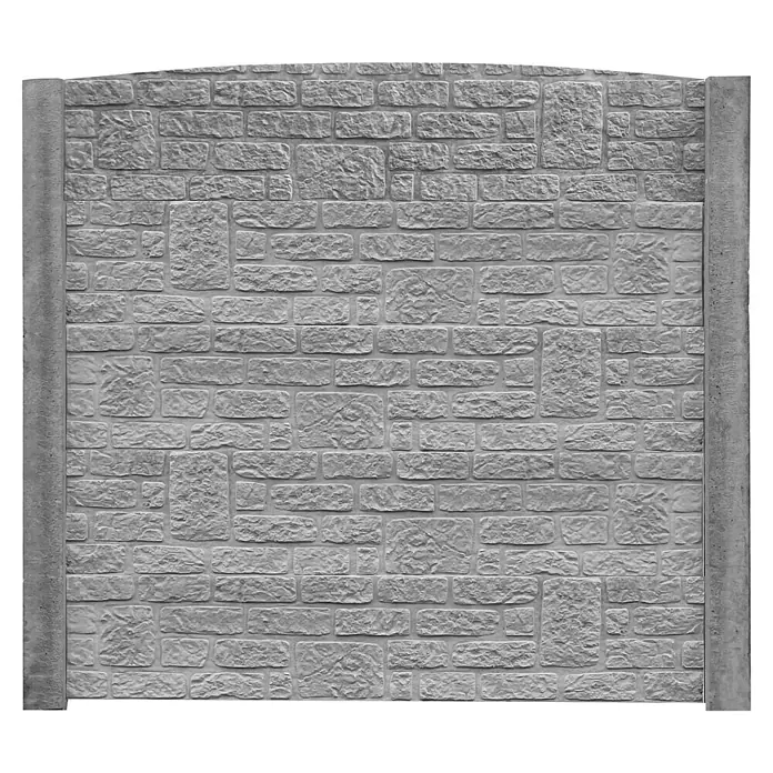 Beckers Betonzaun Abschlussplatte Standard Romaniabogen - 200 x 45 cm, Beton, Betongrau - Graue Mauer aus Steinblöcken mit zwei schmalen grauen Säulen an den Seiten.
