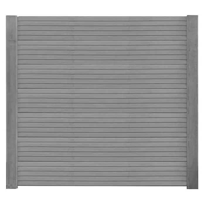 Beckers Betonzaun Zaunelement Klassik Linear Motiv - 184 x 26 cm, Beton, Betongrau - Das Bild zeigt eine moderne, graue Schiebetür mit horizontalen Lamellen und einem robusten Rahmen, ideal für stilvolle und funktionale Räume.