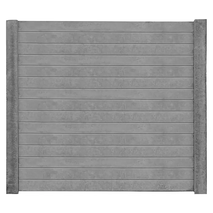 Beckers Betonzaun Zaunelement Standard Prestige Glatt - 200 x 38,5 cm, Beton, Betongrau - Betonzaun mit horizontalen Brettern und zwei Pfosten. Er bietet Privatsphäre und dient als Grundstücksbegrenzung.
