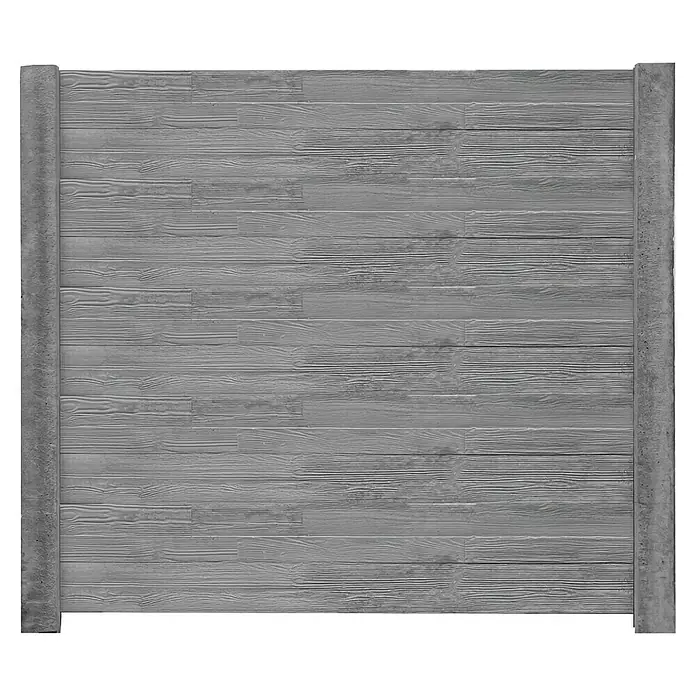 Beckers Betonzaun Zaunelement Standard Timber Motiv - 200 x 38,5 cm, Beton, Betongrau - Eine graue, horizontale Holzwand mit Betonpfosten bietet Privatsphäre und ein modernes, strukturiertes Design für den Außenbereich.
