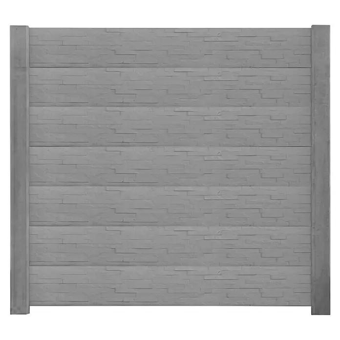 Beckers Betonzaun Zaunelement Klassik Rimini Motiv - 184 x 26 cm, Beton, Betongrau - Eine graue Betonwand mit horizontalen Steinmustern, flankiert von strukturierten Betonpfosten.