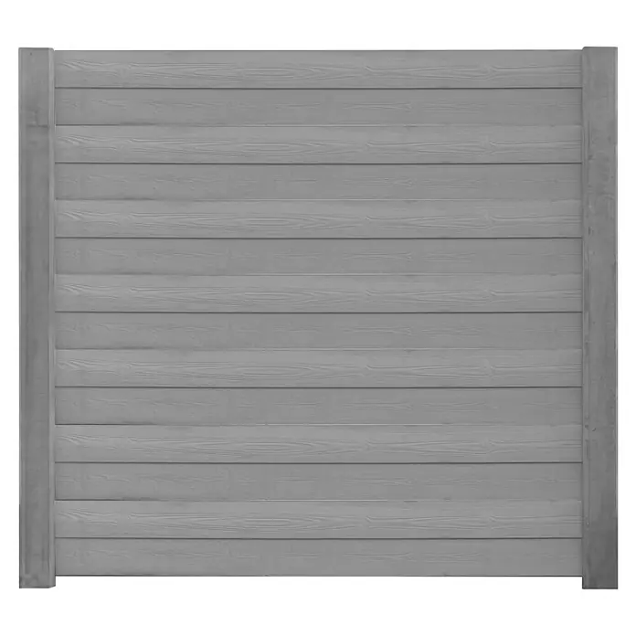 Beckers Betonzaun Zaunelement Klassik Solide Motiv - 184 x 26 cm, Beton, Betongrau - Nahaufnahme eines grauen Holzzauns mit horizontalen Brettern und Metallpfosten, der eine schlichte und moderne Optik bietet.
