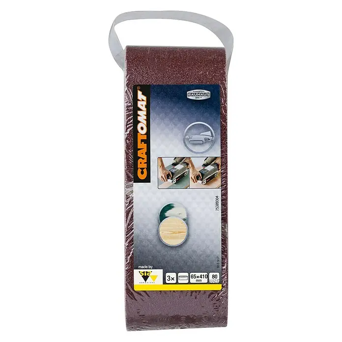 Craftomat Lija de banda - L x An: 410 x 65 mm, Grano: 80, 3 ud. - Bandas de lija Craftomat para lijadoras de banda, grano 80, 65x410 mm, 3 unidades por juego, ideales para lijar madera y otros materiales.