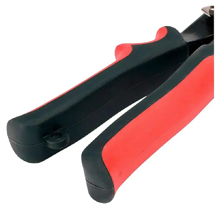 Tijeras para chapa Workpro - Largo: 260 mm, Acero - Primer plano de unos alicates con mangos rojos y negros, diseñados para cortes precisos. Ideales para manualidades y uso profesional.