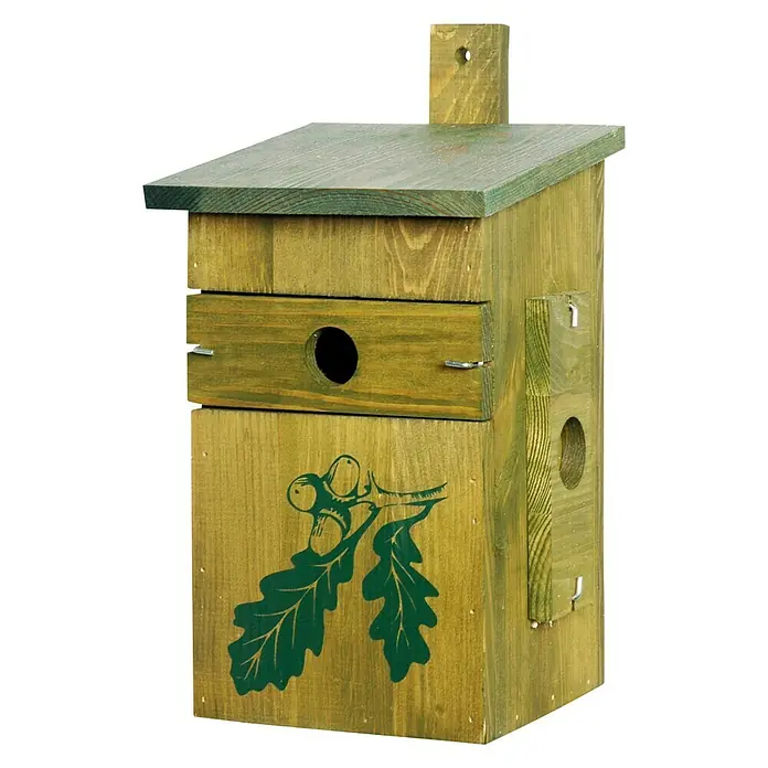 Dobar Nistkasten - 18,5 x 20 x 32 cm, Dekor: Camouflage - Ein rustikales, hölzernes Vogelhaus mit grüner Akzentfarbe und Eichenlaub-Design, ideal für den Garten.