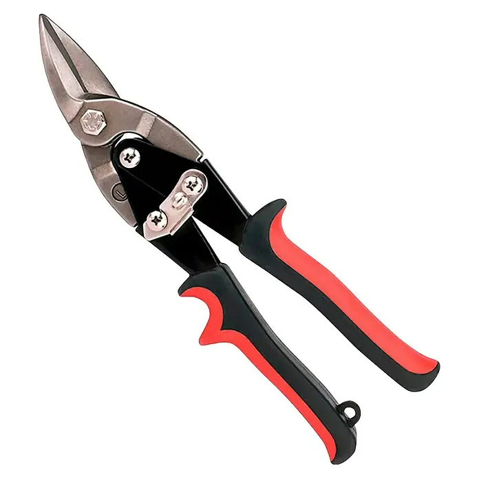 Tijeras para chapa Workpro - Largo: 260 mm, Acero - Primer plano de unas tijeras de metal con mangos rojos y negros, diseñadas para cortar metal con precisión y facilidad.