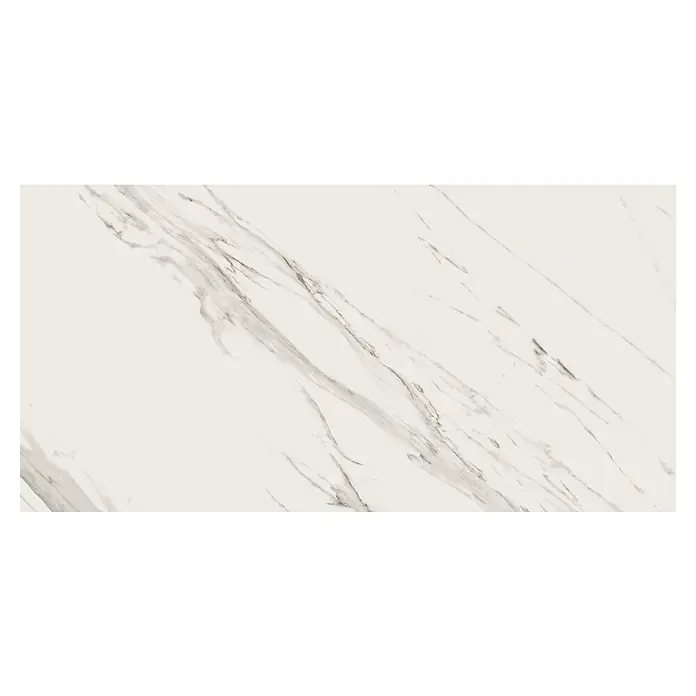 Feinsteinzeugfliese Calaccata Mistari - 59,8 x 119,8 cm, Grau, Seidenmatt - Elegante Marmorfliese mit zarten grauen Adern, perfekt für stilvolle Innenräume. Hochwertiges Design für ein luxuriöses Ambiente.