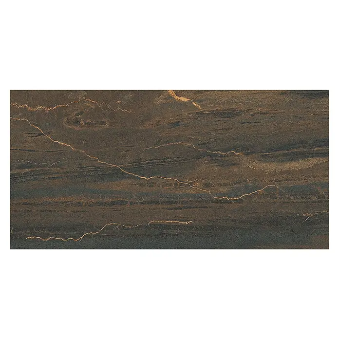 Feinsteinzeugfliese Stige Rust - 59,8 x 119,8 cm, Bunt, Matt - Braune Keramikfliese mit horizontalen Linien und goldfarbenen Rissen für ein elegantes und modernes Design.\n